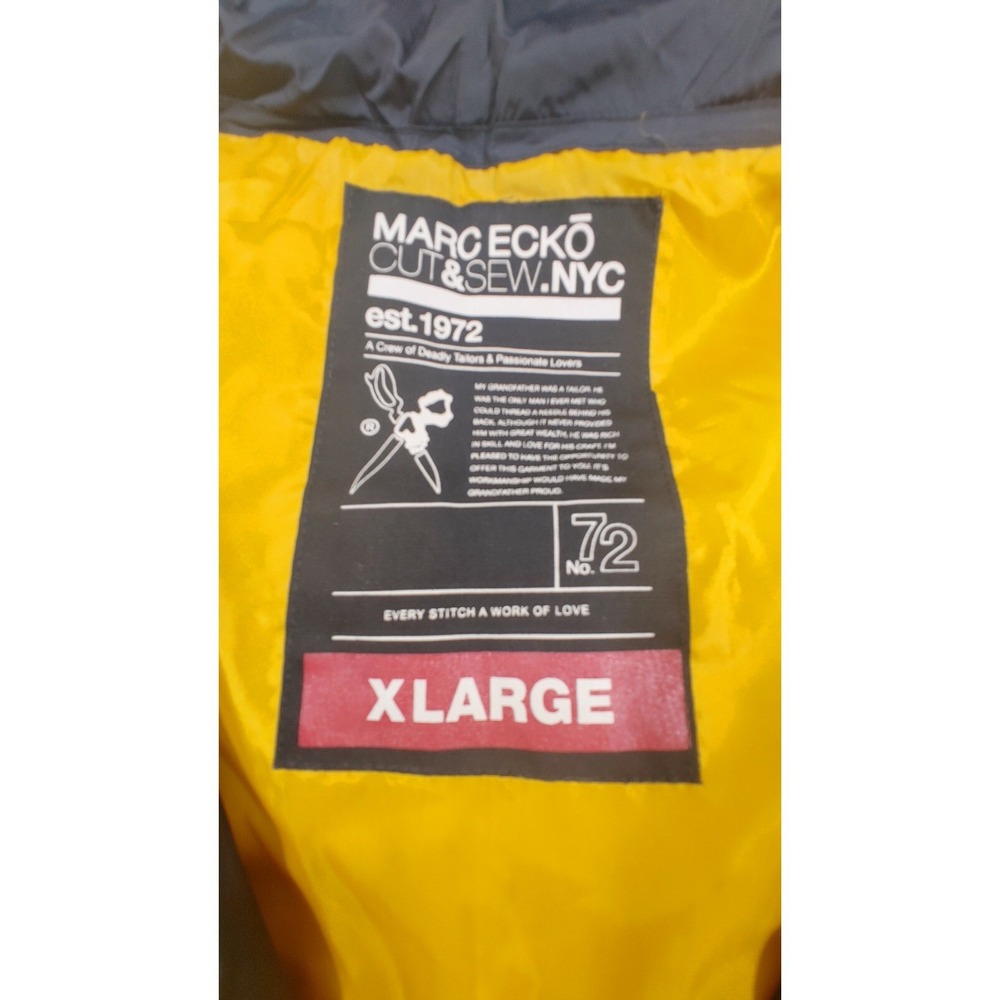 Marc Ecko Cut & Sew Mens XL Puffer Vest Navy Blue Quilted Full Zip Yellow Lining - Picture 5 of 6